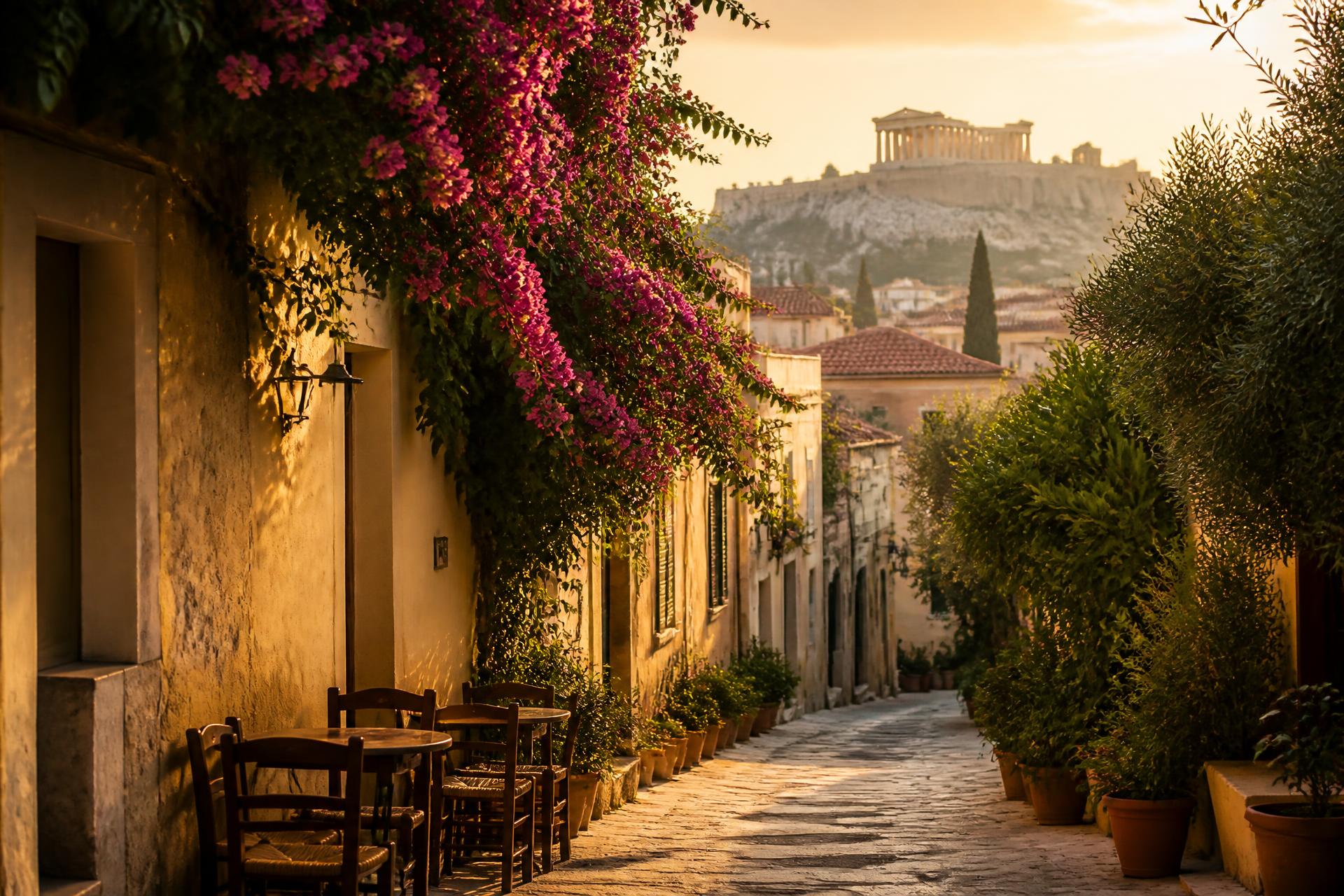 A quiet Plaka street in Athens at golden hour with the Acropolis above the rooftops